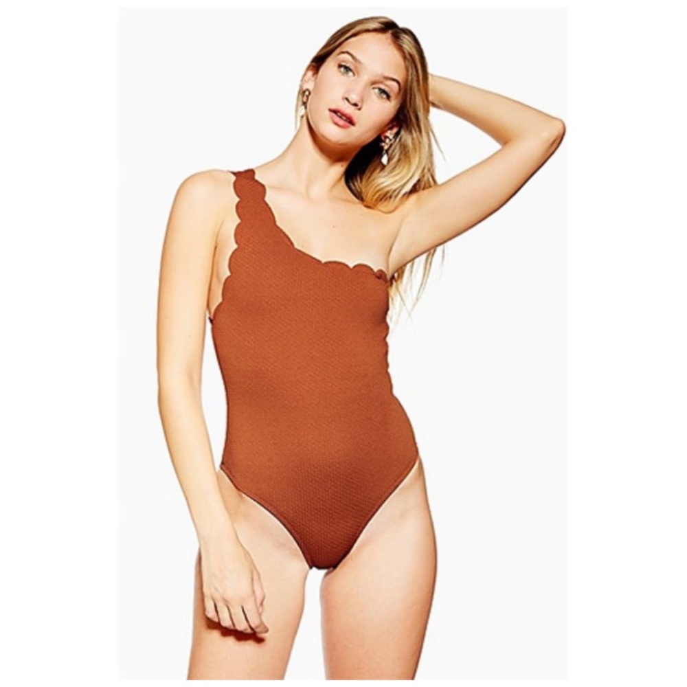 Topshop scallop one shoulder one piece swimsuit rust size 2 - Picture 1 of 8